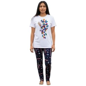 Vintage Native American Style Beaded Headdress Tee & Tribal Stirrup Pants Set M